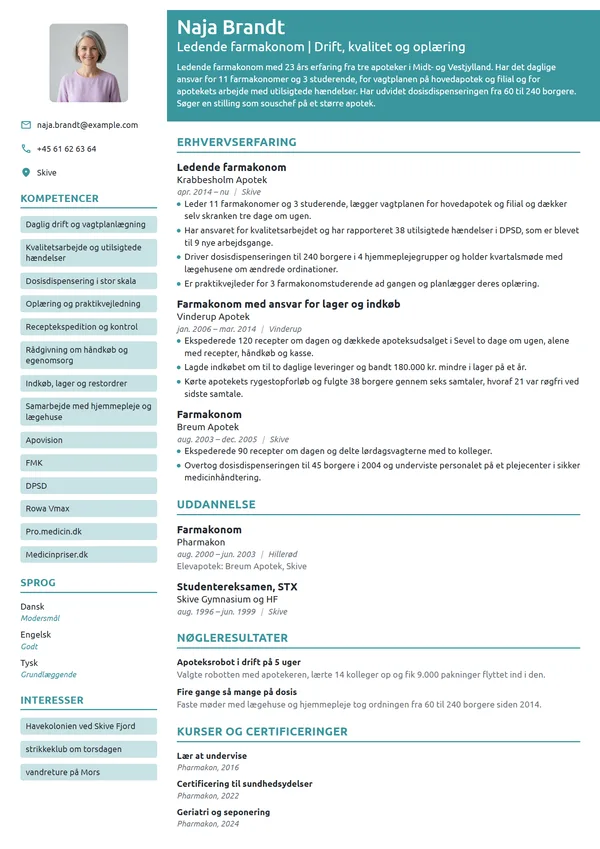 CV-eksempel til ledende farmakonom med kvalitetsansvar