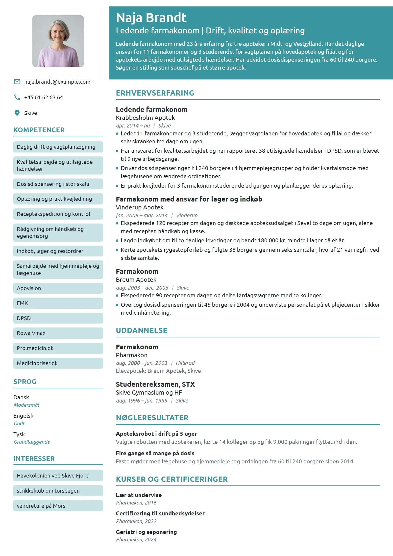 CV-eksempel til ledende farmakonom med kvalitetsansvar