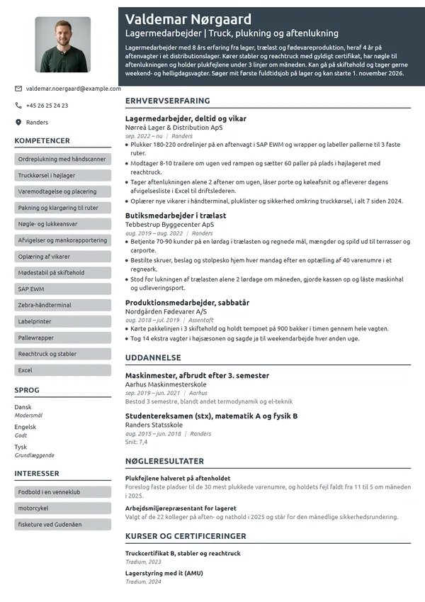 CV-eksempel til første fuldtidsjob på lager
