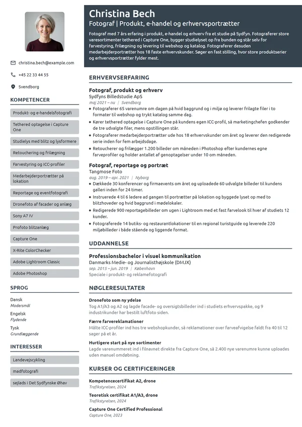 CV-eksempel til erfaren fotograf i produkt og e-handel