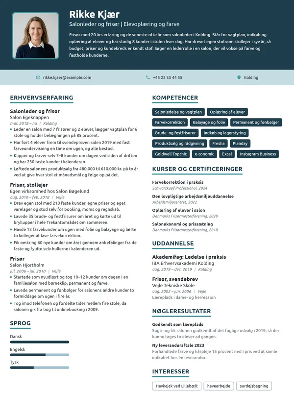 CV-eksempel til salonleder med ansvar for elever
