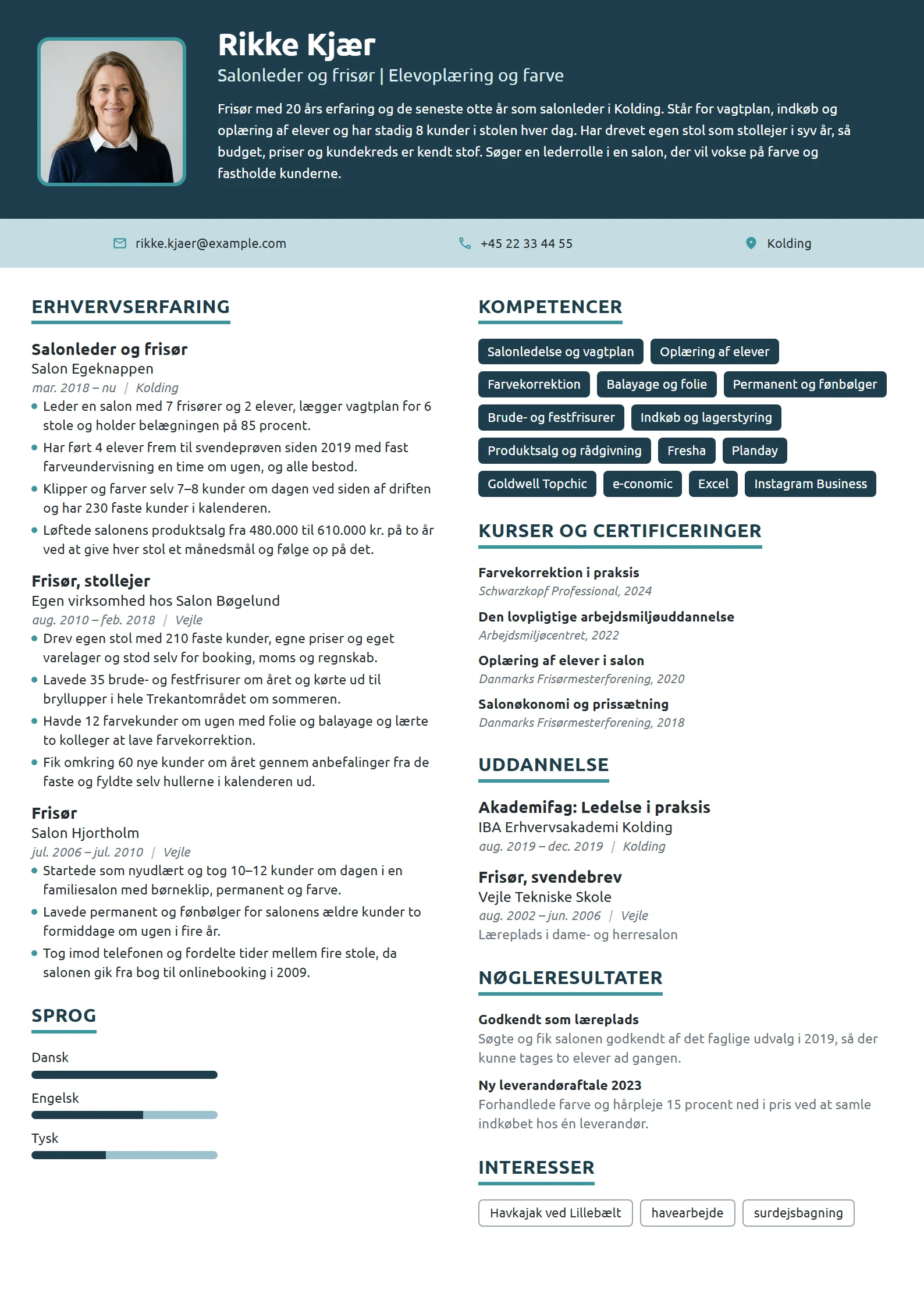 CV-eksempel til salonleder med ansvar for elever