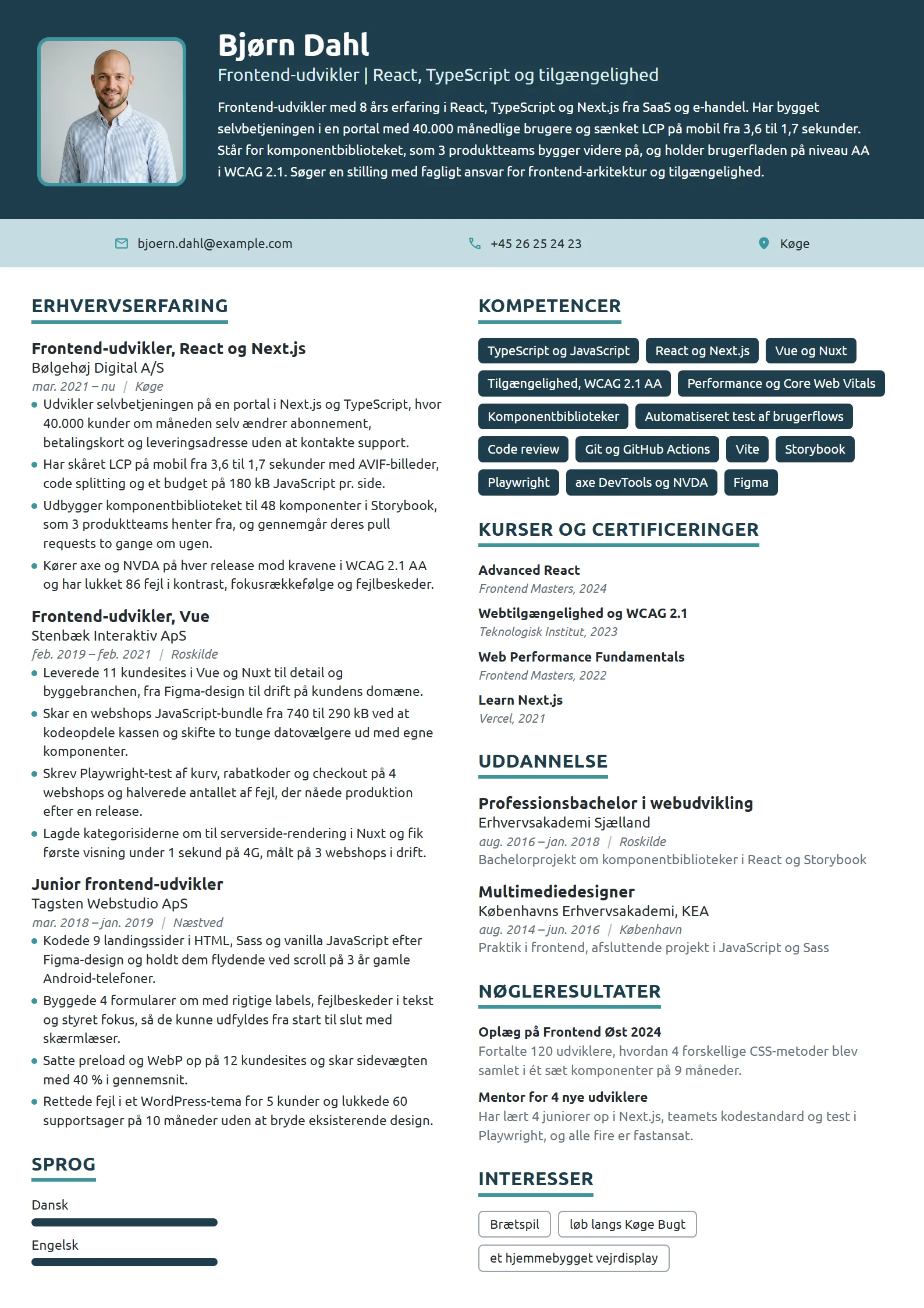 CV-eksempel til erfaren frontend-udvikler i React