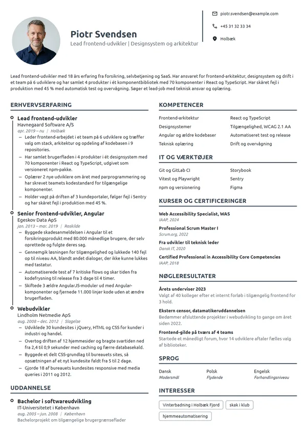 CV-eksempel til lead frontend-udvikler med teamansvar