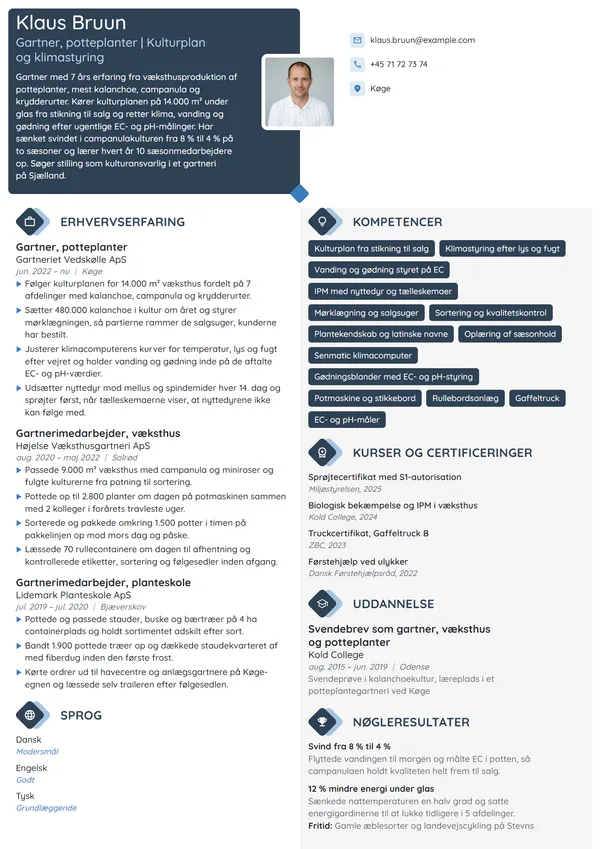 CV-eksempel til erfaren gartner i væksthus