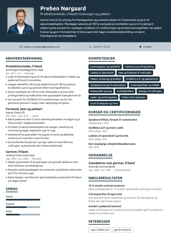 CV-eksempel til produktionsleder i frilandsgartneri
