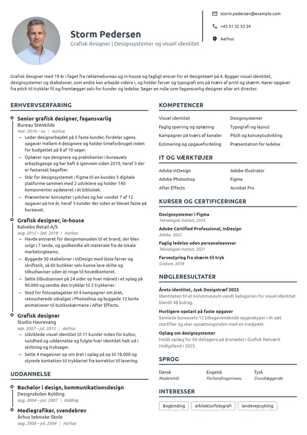 CV-eksempel til fagansvarlig designer med 19 års erfaring