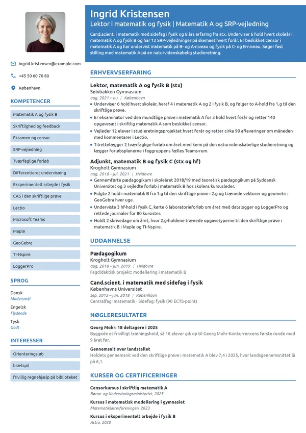 CV-eksempel til lektor i matematik og fysik på stx
