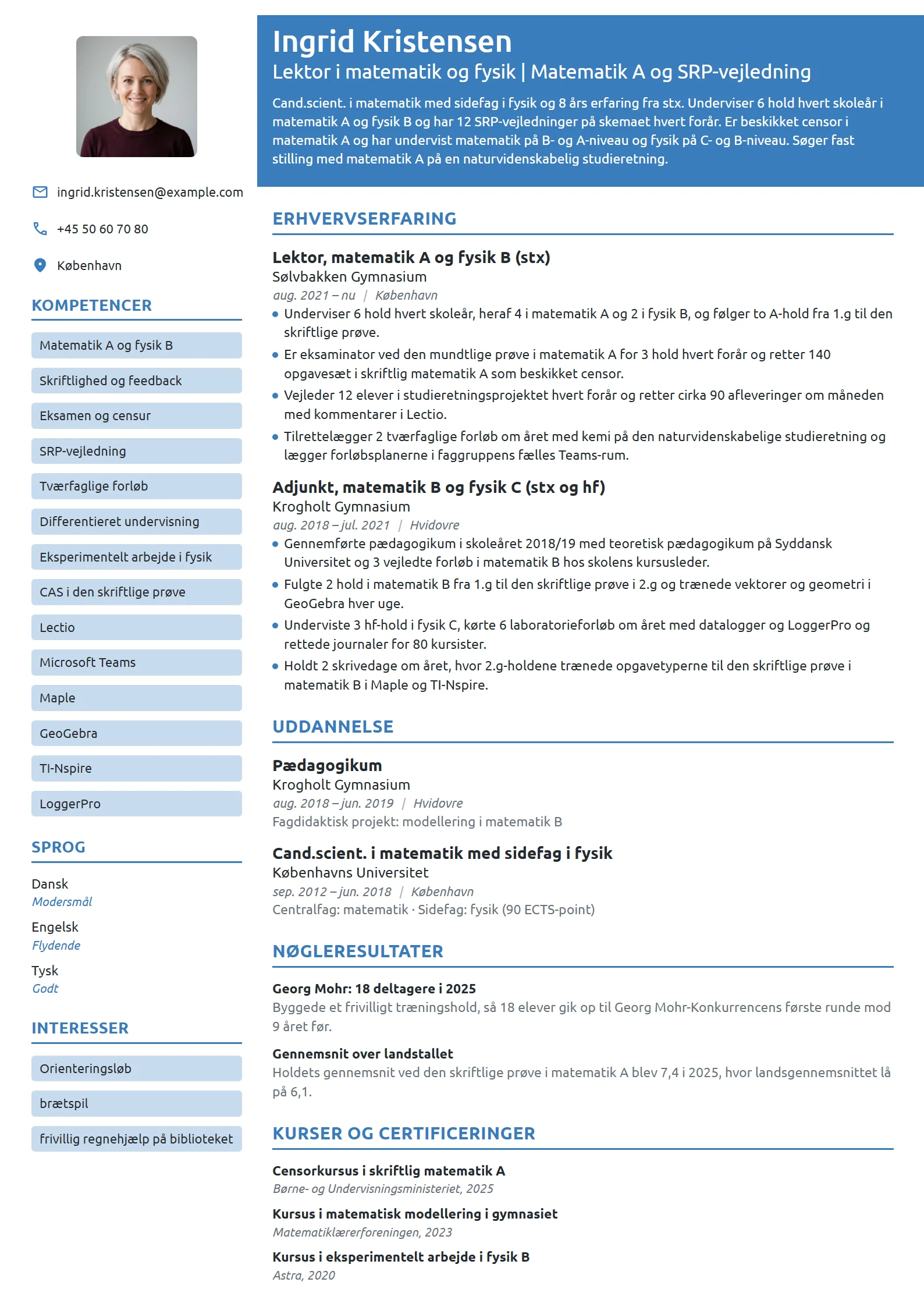 CV-eksempel til lektor i matematik og fysik på stx