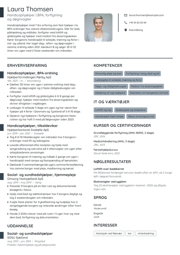 CV-eksempel til erfaren BPA-hjælper i døgnvagter