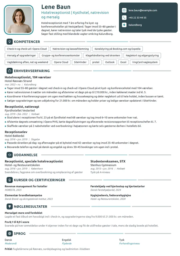 CV-eksempel til erfaren hotelreceptionist på kysthotel