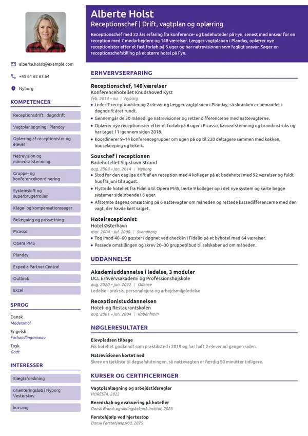 CV-eksempel til receptionschef på konferencehotel