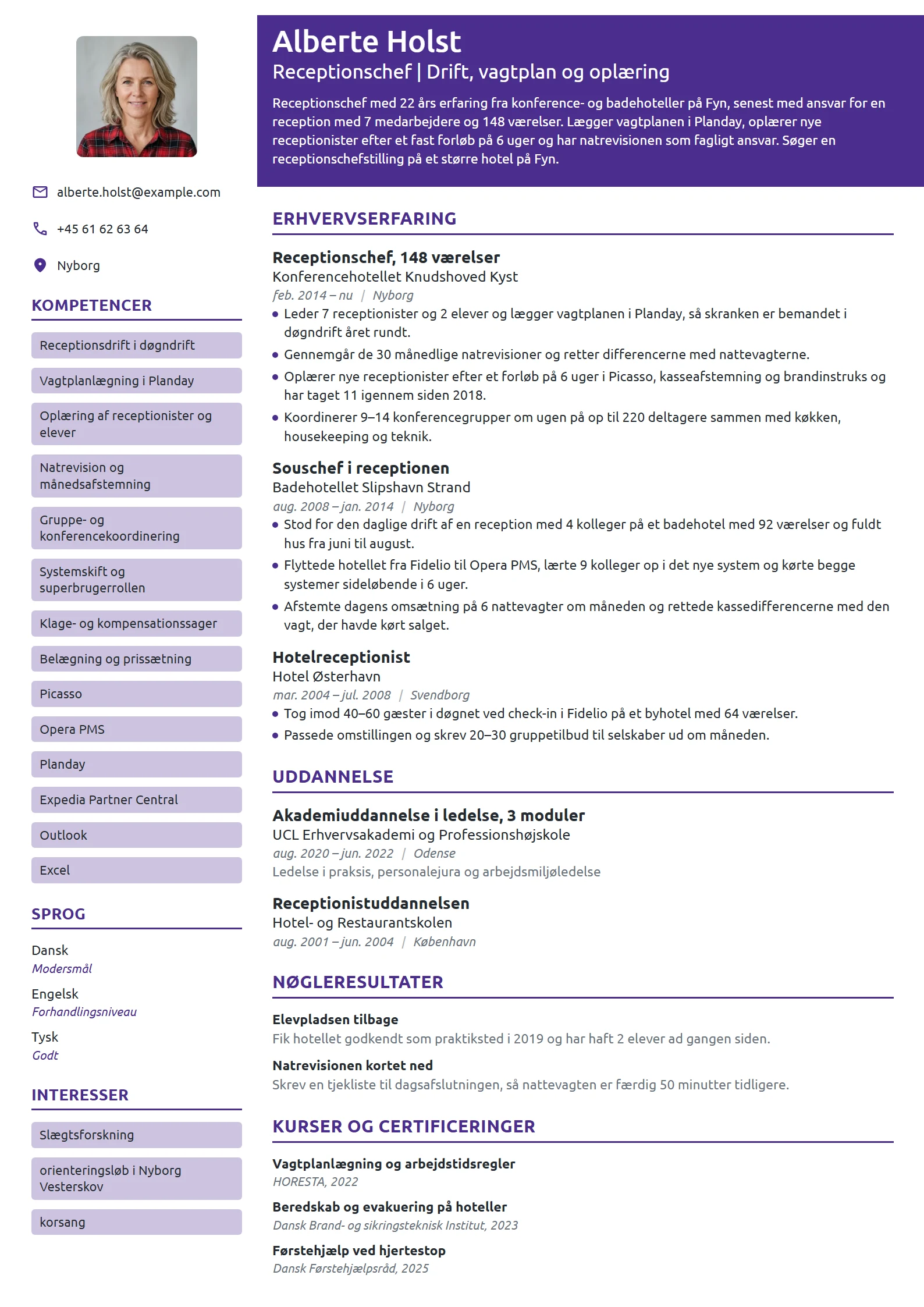 CV-eksempel til receptionschef på konferencehotel