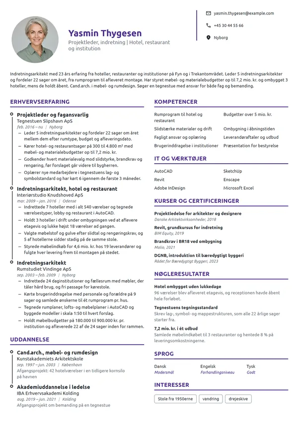 CV-eksempel til fagansvarlig indretningsarkitekt, hotel