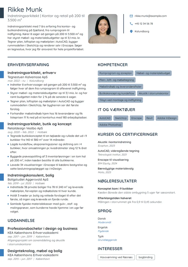 CV-eksempel til indretningsarkitekt i kontor og retail