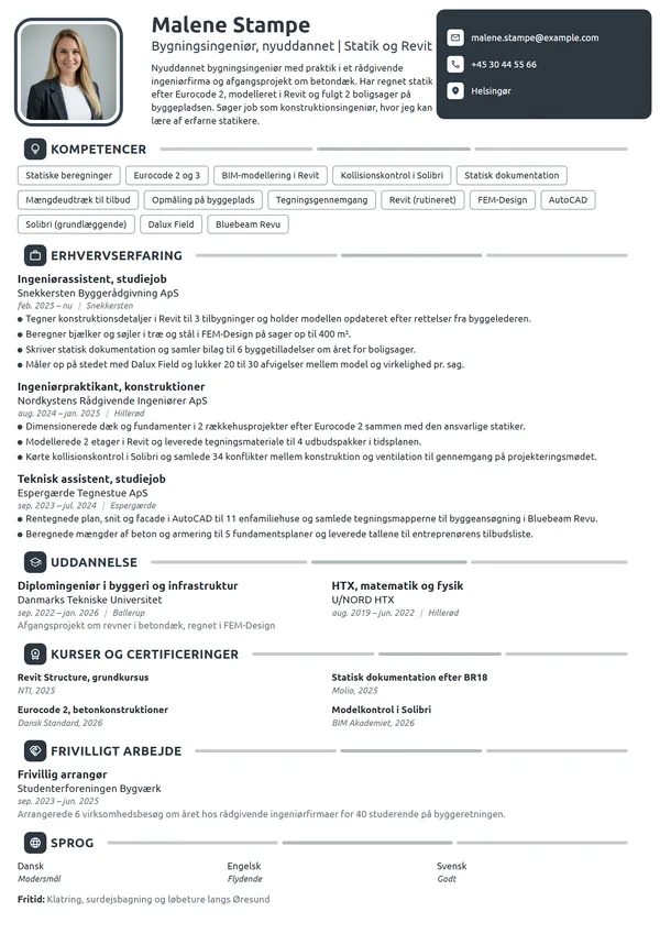 CV-eksempel til nyuddannet bygningsingeniør