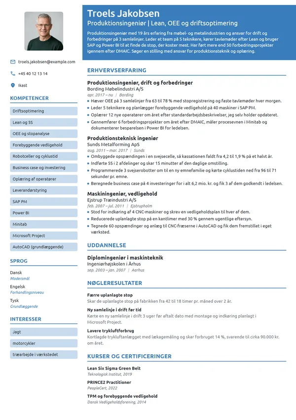 CV-eksempel til produktionsingeniør med driftsansvar
