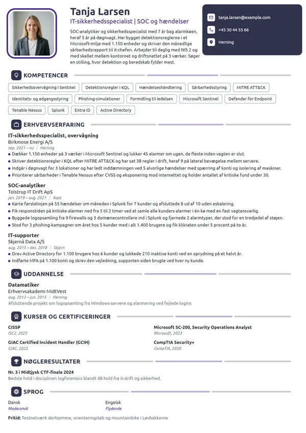 CV-eksempel til SOC-analytiker med døgnvagt