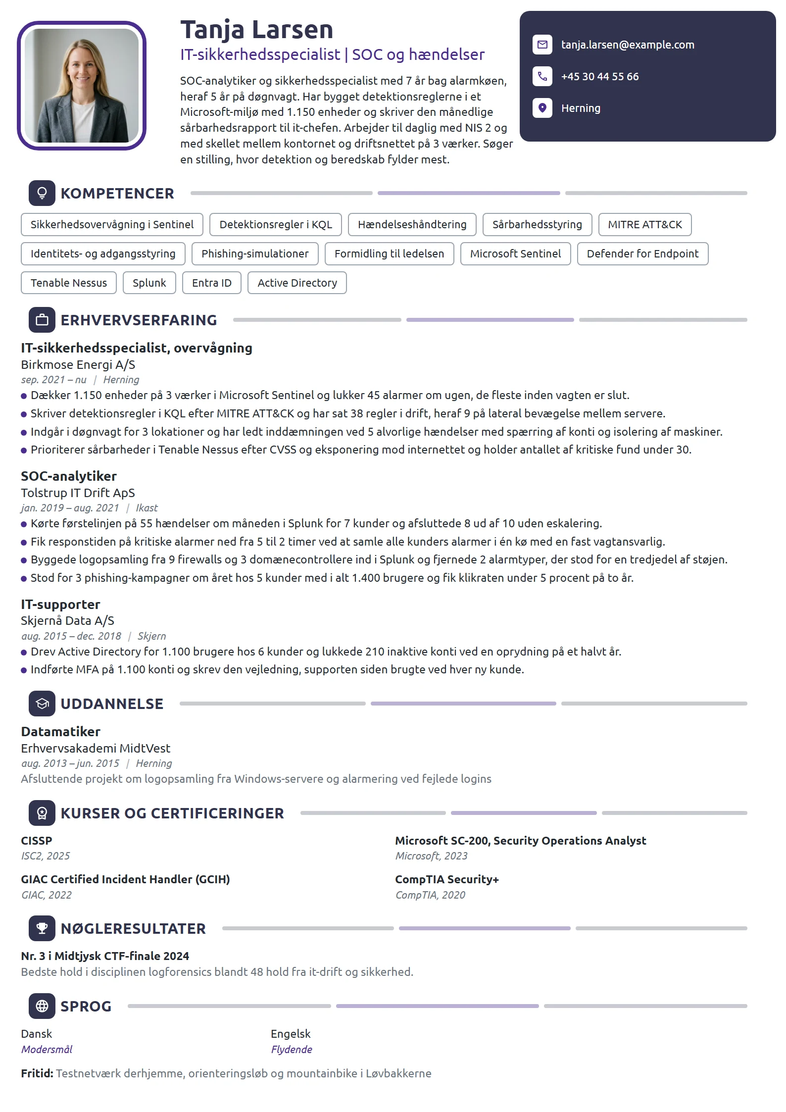 CV-eksempel til SOC-analytiker med døgnvagt