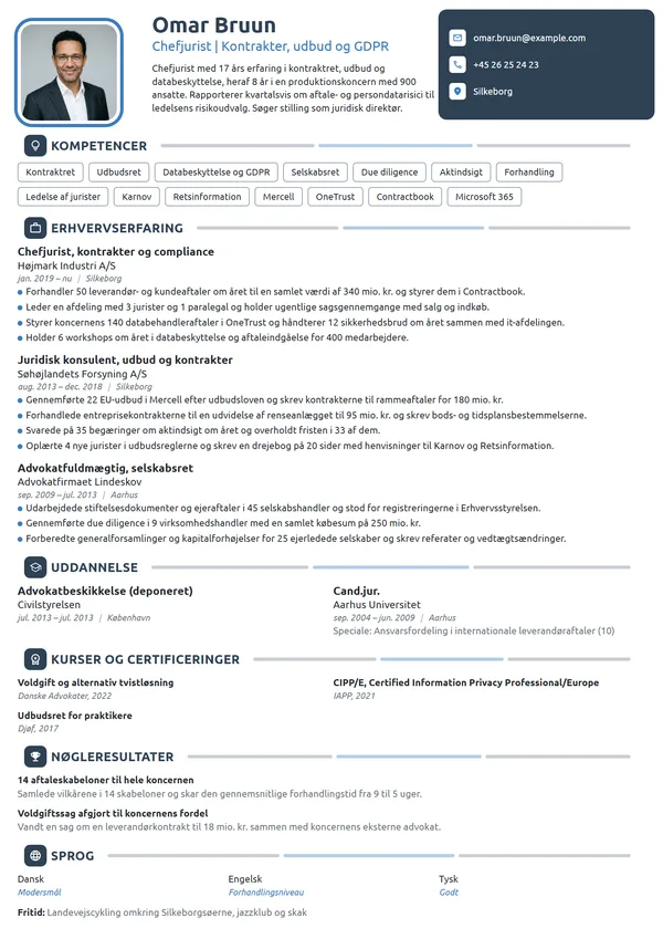 CV-eksempel til chefjurist med ansvar for kontrakter