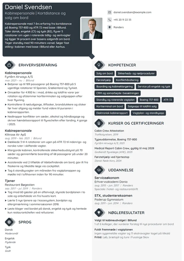 CV-eksempel til erfaren kabinepersonale, kortdistance