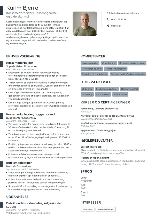 CV-eksempel til erfaren kassemedarbejder i supermarked