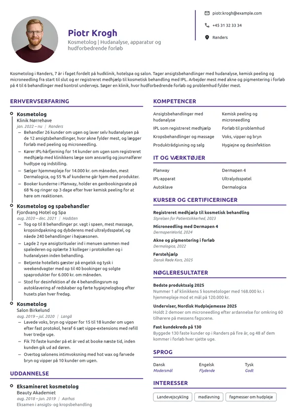 CV-eksempel til erfaren kosmetolog på hudklinik