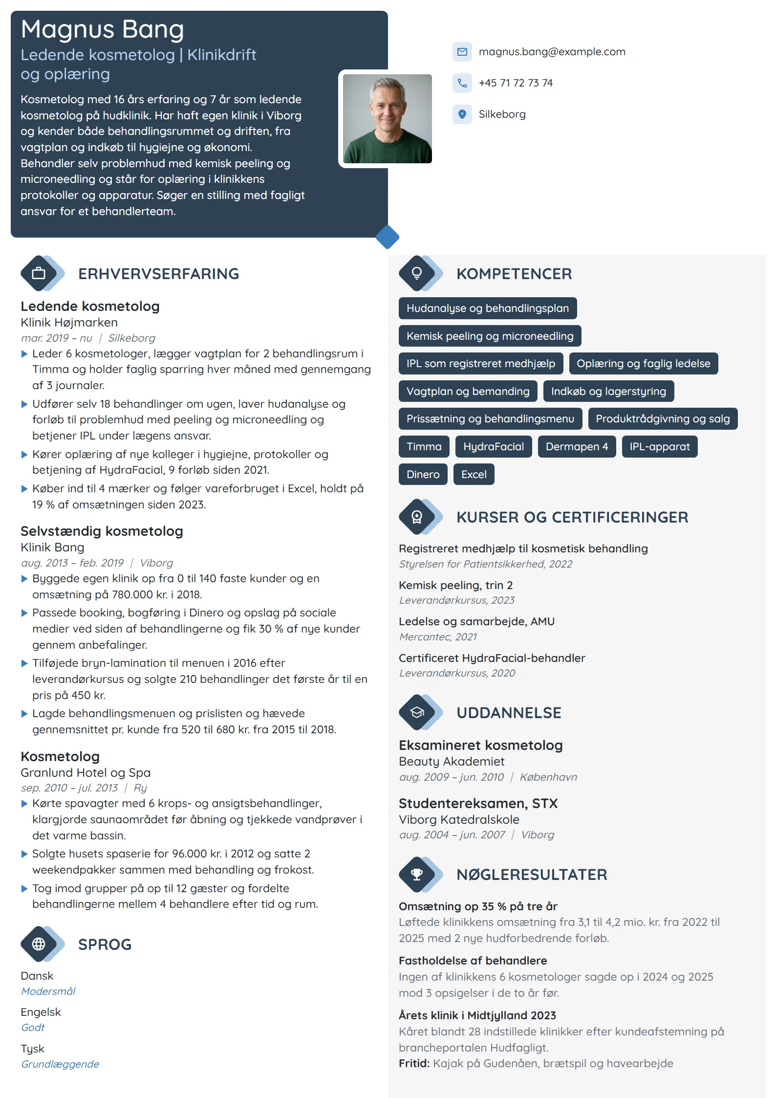 CV-eksempel til ledende kosmetolog med driftsansvar