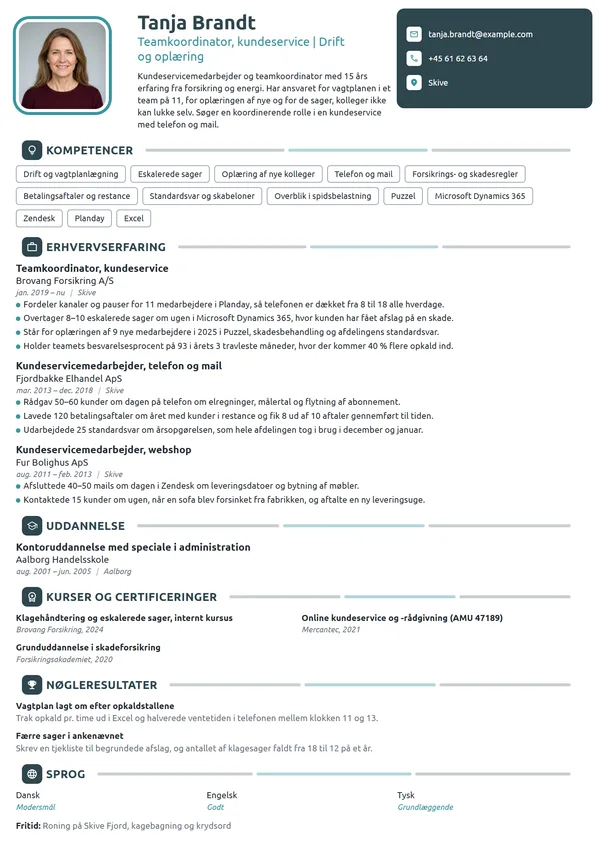CV-eksempel til teamkoordinator i kundeservice