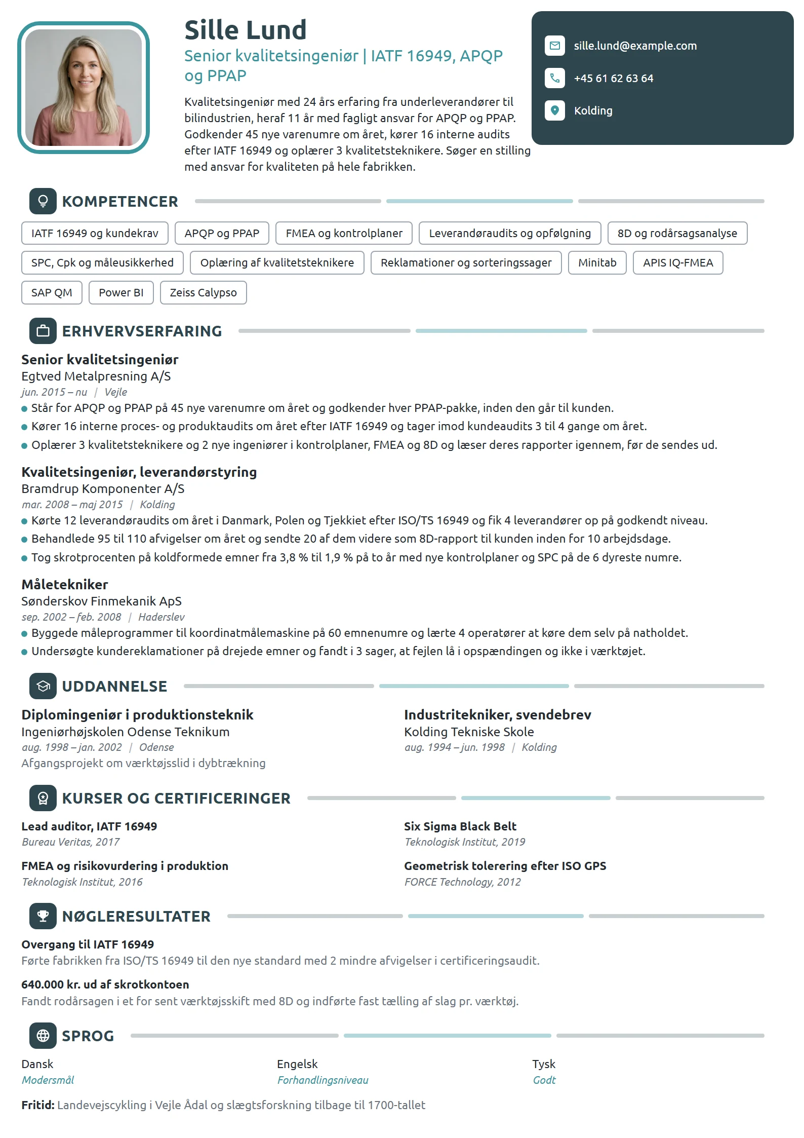 CV-eksempel til senior kvalitetsingeniør, automotive