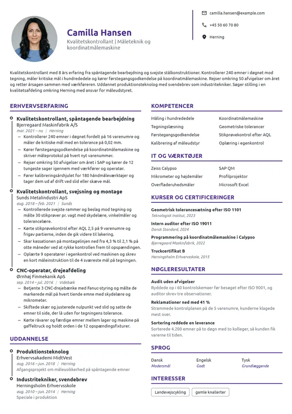 CV-eksempel til erfaren kvalitetskontrollant i metal