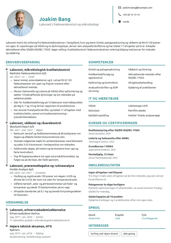 CV-eksempel til erfaren laborant i fødevarekontrol