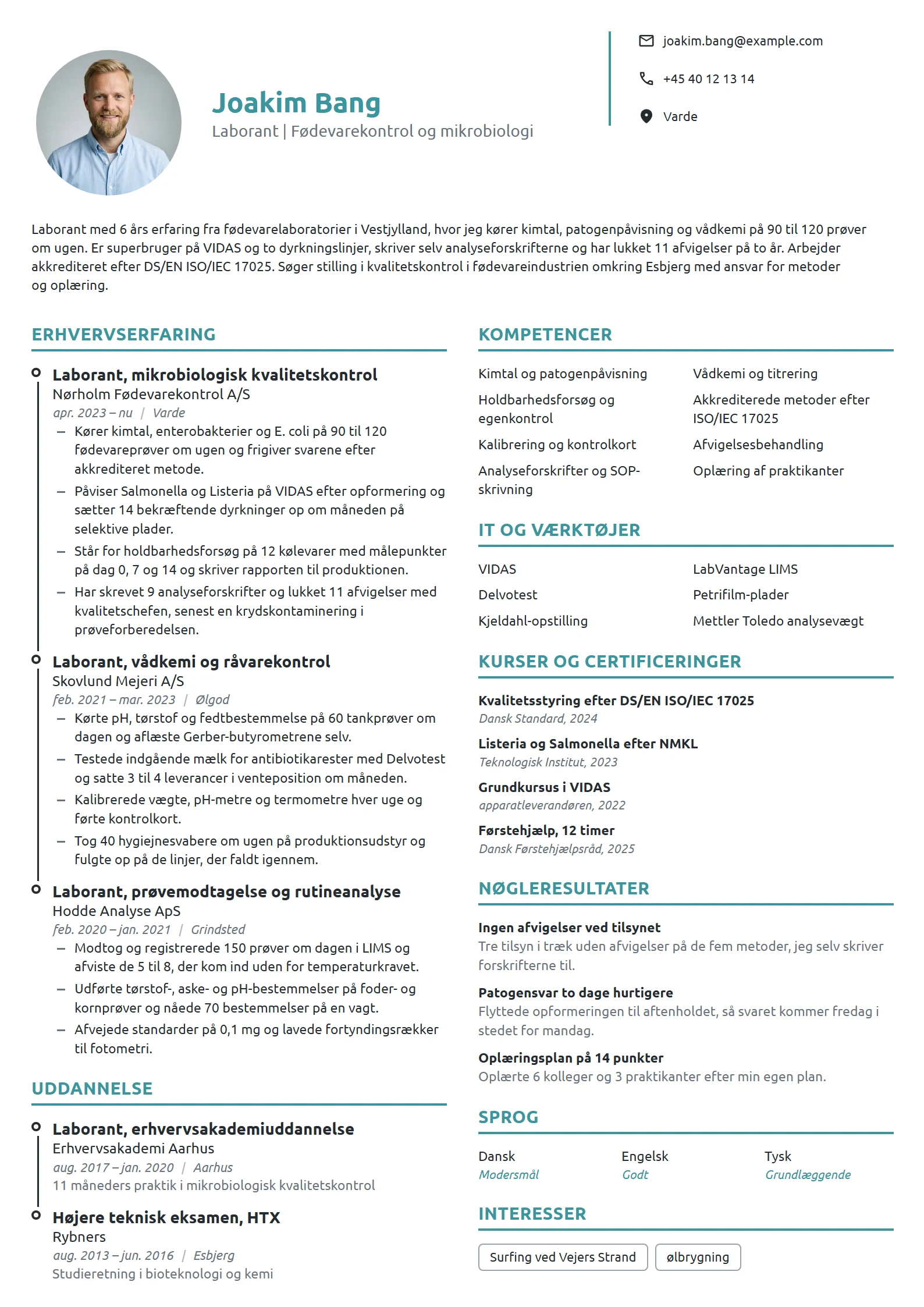 CV-eksempel til erfaren laborant i fødevarekontrol