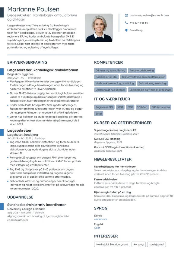 CV-eksempel til erfaren lægesekretær i ambulatoriet