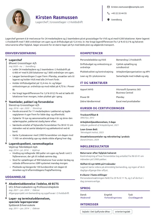 CV-eksempel til erfaren lagerchef på grossistlager