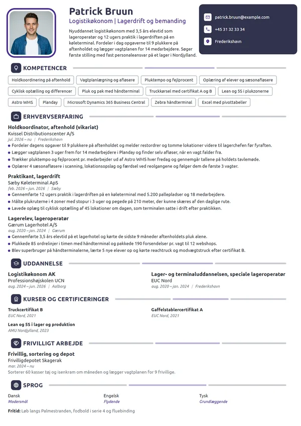CV-eksempel til nyuddannet logistikøkonom, holdansvar