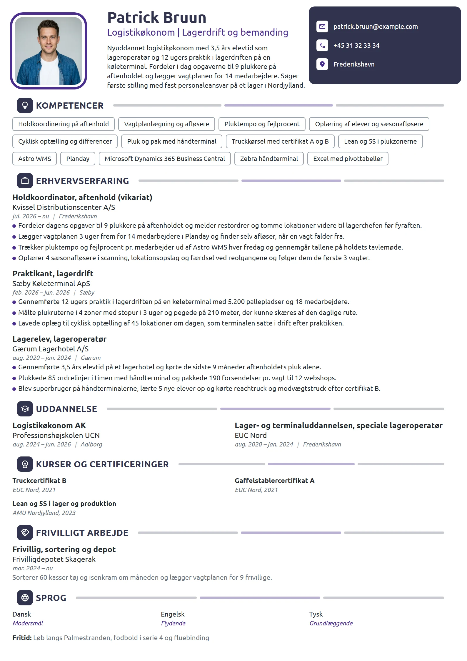 CV-eksempel til nyuddannet logistikøkonom, holdansvar