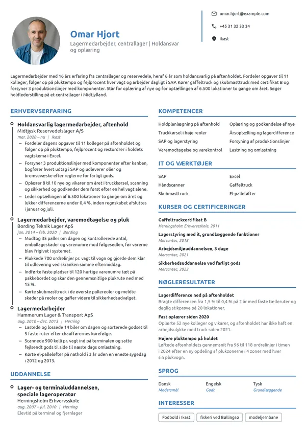 CV-eksempel til lagermedarbejder med holdansvar