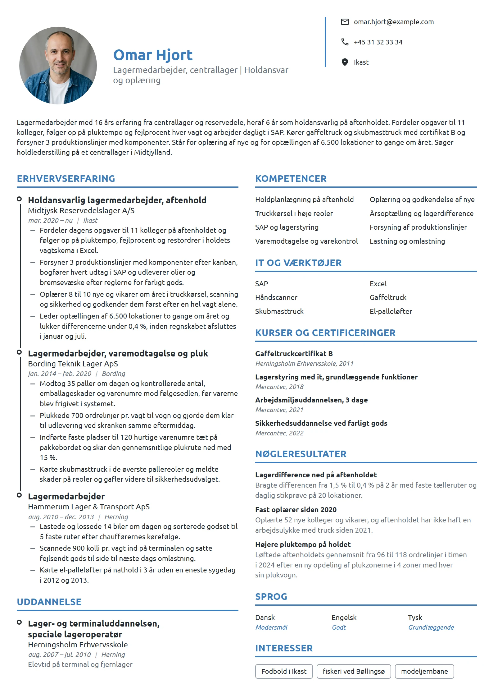 CV-eksempel til lagermedarbejder med holdansvar