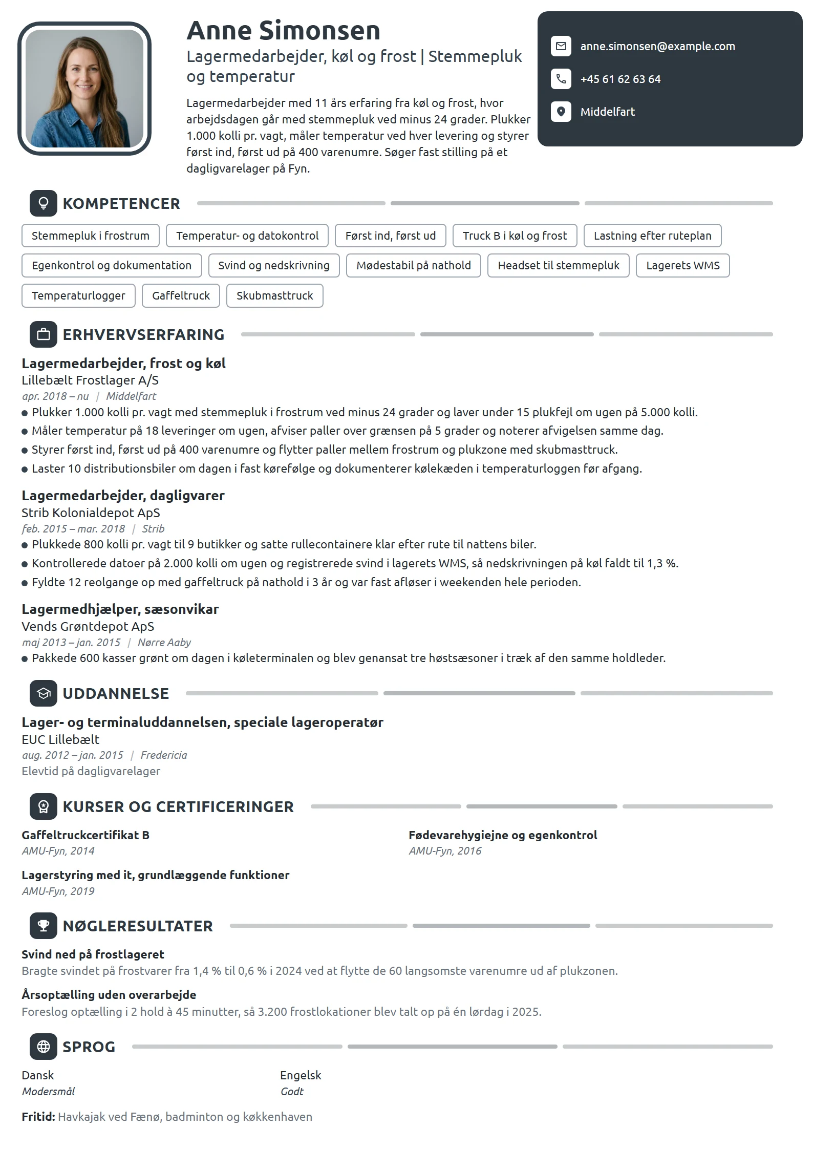 CV-eksempel til lagermedarbejder på kølelager