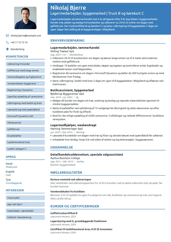 CV-eksempel til skift fra butik til lagerjob