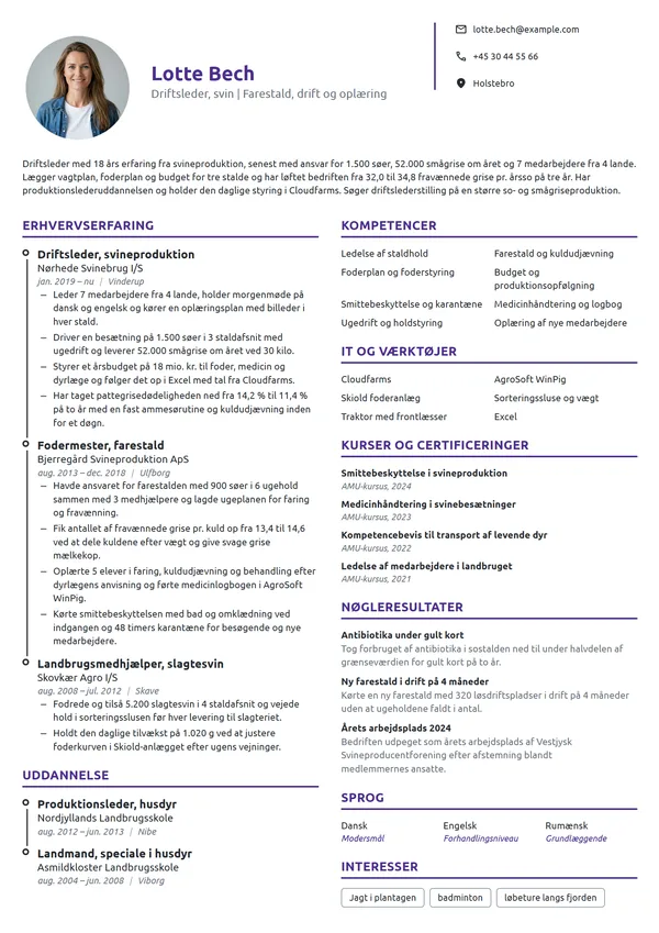 CV-eksempel til driftsleder i svineproduktion