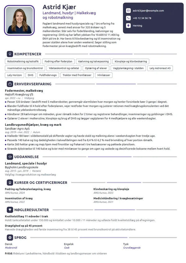 CV-eksempel til erfaren landmand i malkekvæg