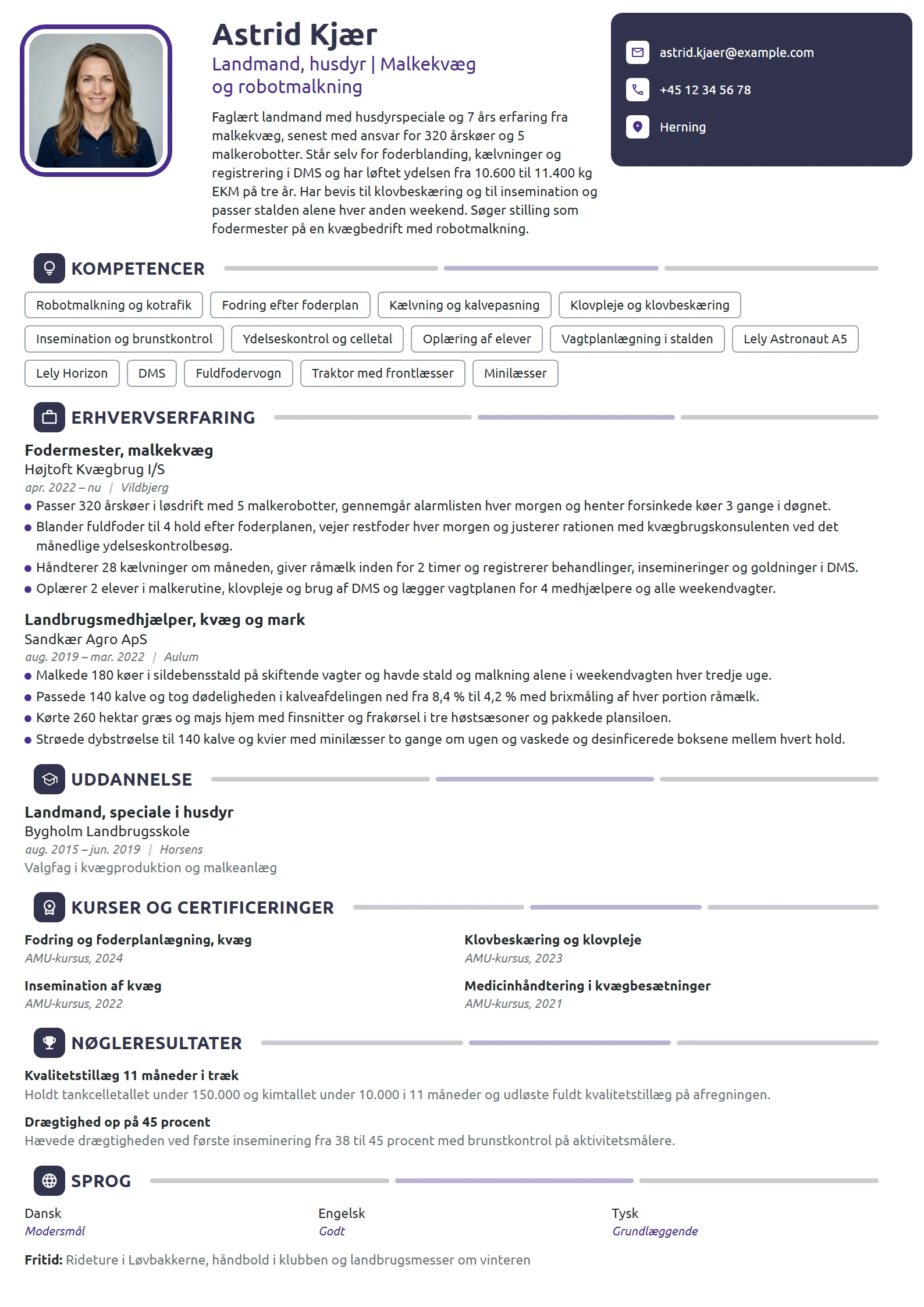 CV-eksempel til erfaren landmand i malkekvæg