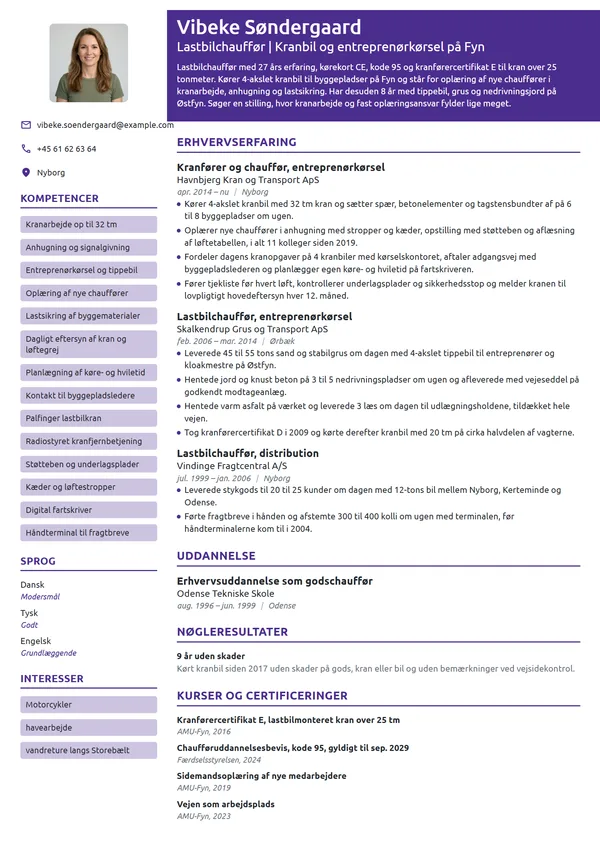 CV-eksempel til kranfører med 27 års erfaring