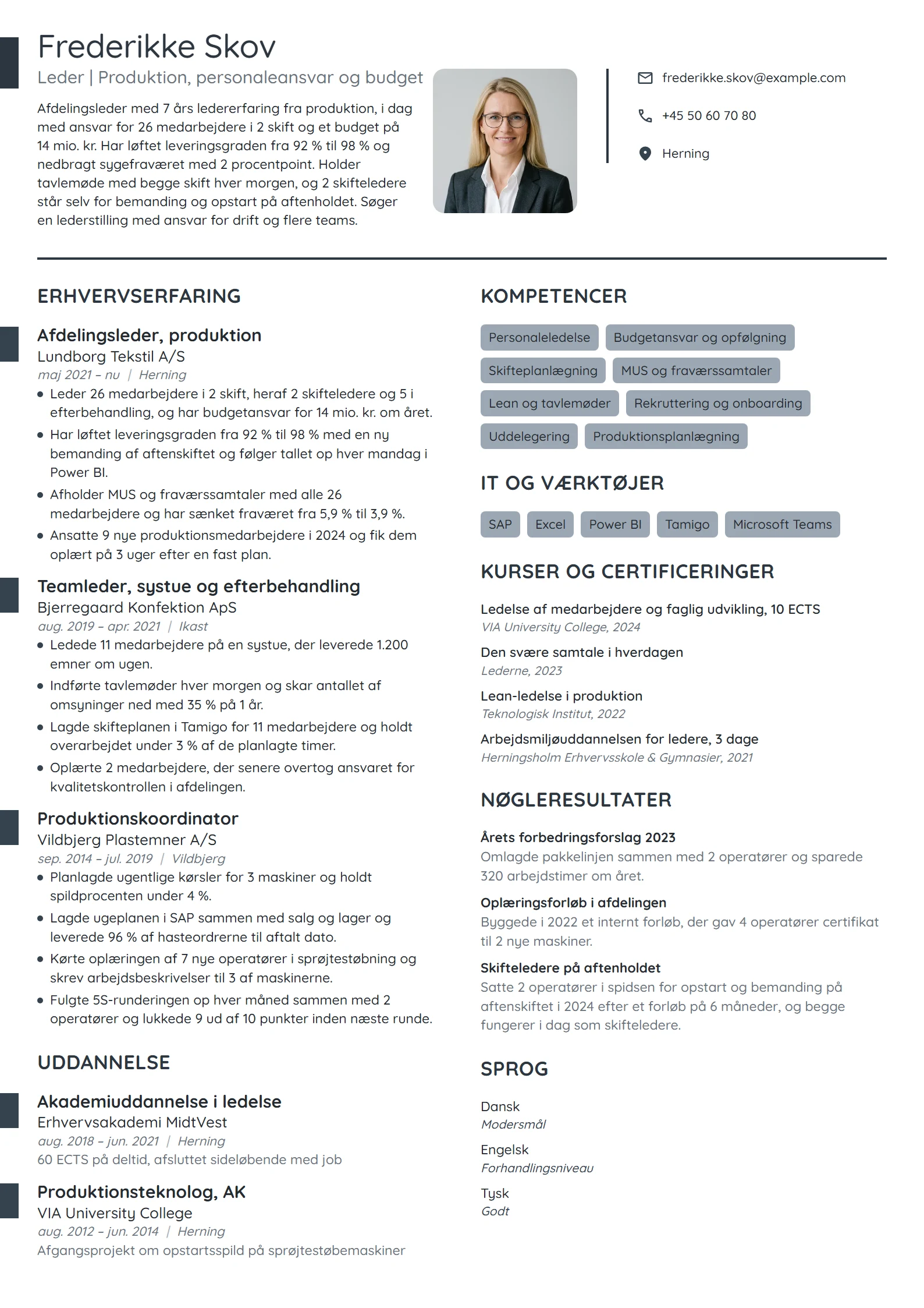 CV-eksempel til erfaren afdelingsleder i produktion