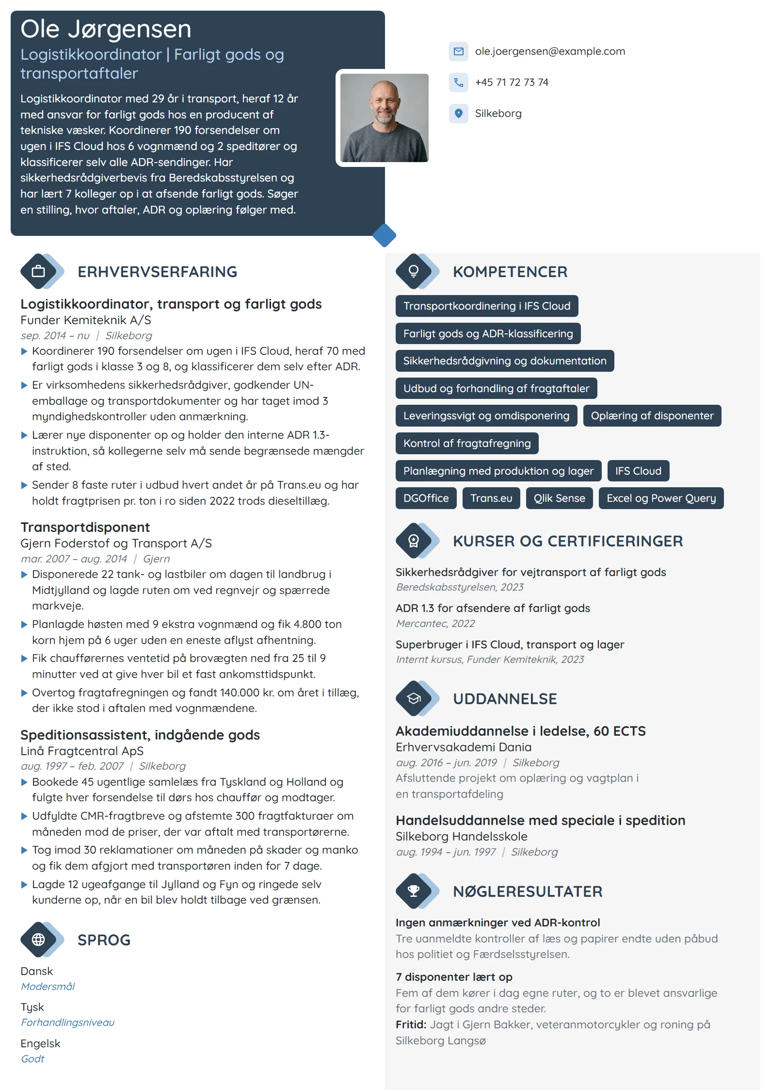 CV-eksempel til erfaren koordinator, farligt gods