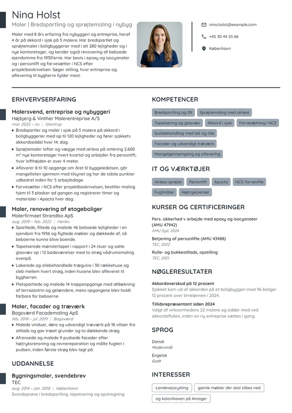 CV-eksempel til erfaren maler i nybyggeri