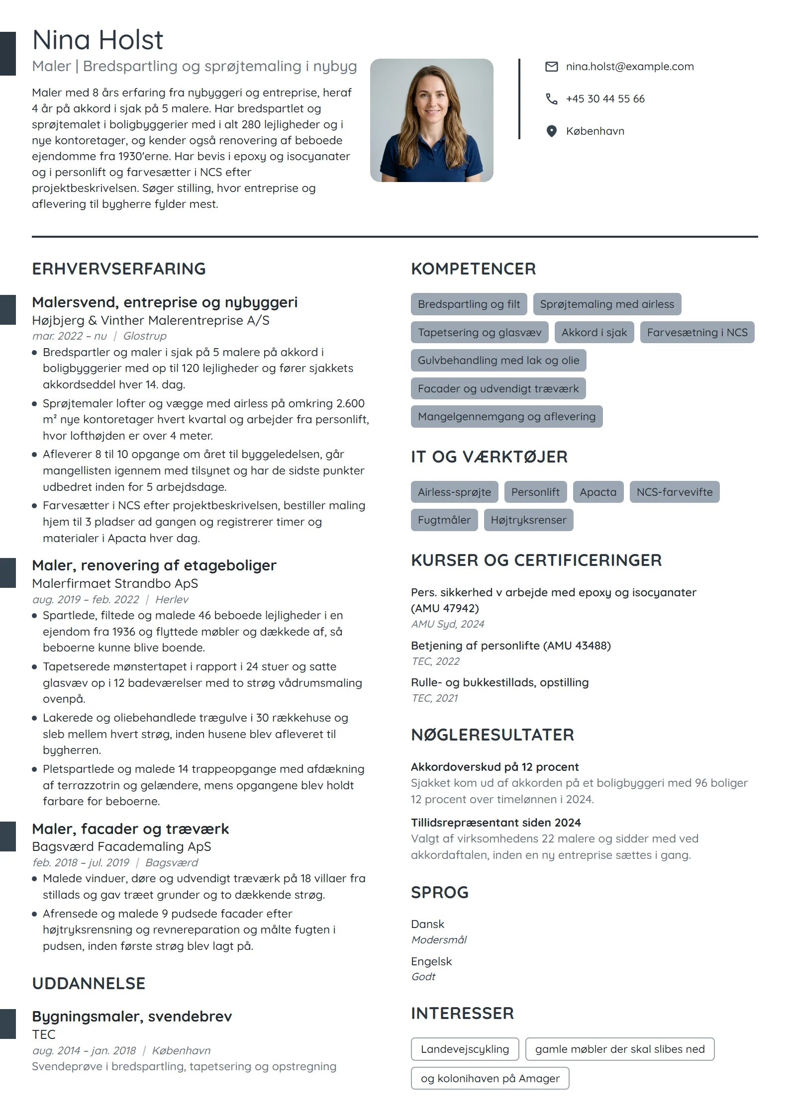 CV-eksempel til erfaren maler i nybyggeri