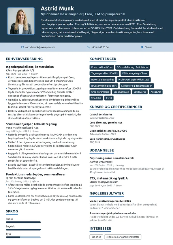 CV-eksempel til nyuddannet med praktik i pumpeteknik